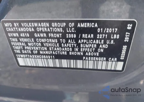 2017 Volkswagen Passat 1.8T R-Line из США, поврежденный, VIN 1VWDT7A3XHC050311